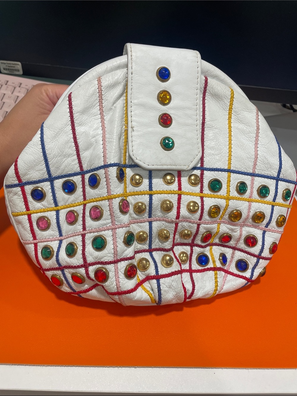 Vintage White Studded Crossbody with Multicolor Gems